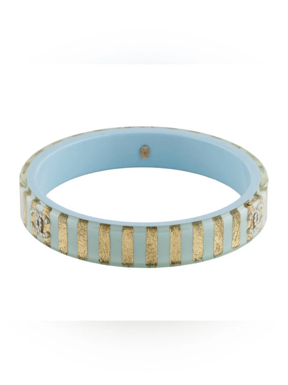 CHANEL Light Blue and Gold Striped Resin Bangle